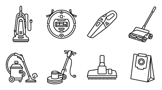 Vacuum cleaner icons including upright robot handheld steam mop and floor polisher for cleaning.