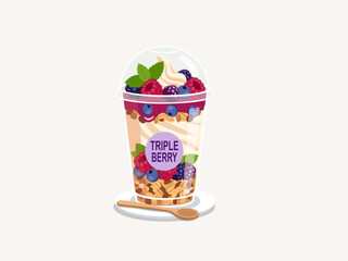 Triple Berry Yogurt Parfait Illustration with Granola and Mint Leaf in Plastic Cup © Akasha Design