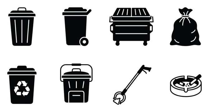Waste disposal bins icons trash can garbage bag dumpster pickup tool ashtray vector set isolated.
