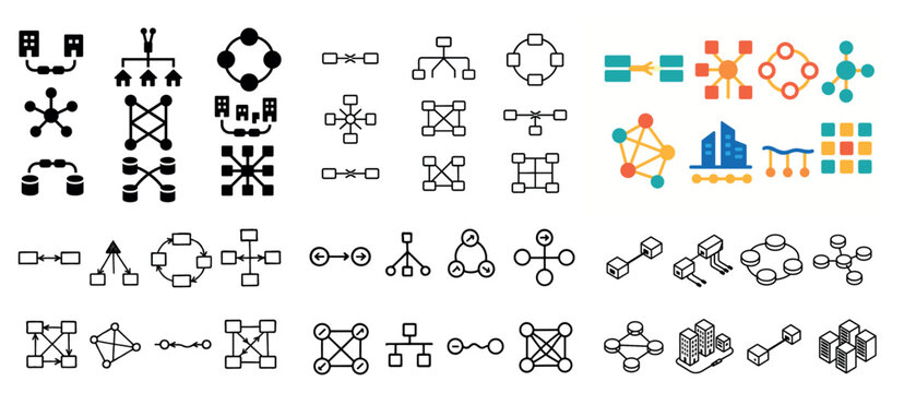 Network icons with nodes links building outline