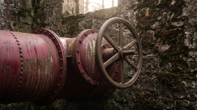 Close-up detail of a penstock pipe at a hydroelectric facility, riveted steel painted deep red, water stains streaking the surface, a pressu 3