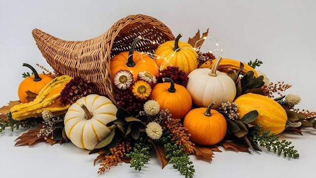 Cornucopia overflowing with autumn pumpkins gourds and floral decorations