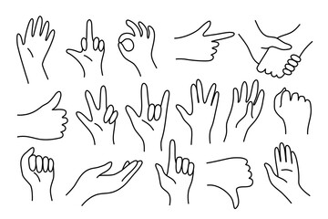 Fototapeta premium Hands Showing Different Signs Black Thin Line Set Hand Drawn Doodle Style. Vector illustration of Gesture