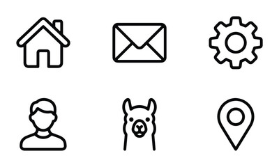 6-line set of home envelope gear settings llama head person silhouette and location pin on white background © Rayhan