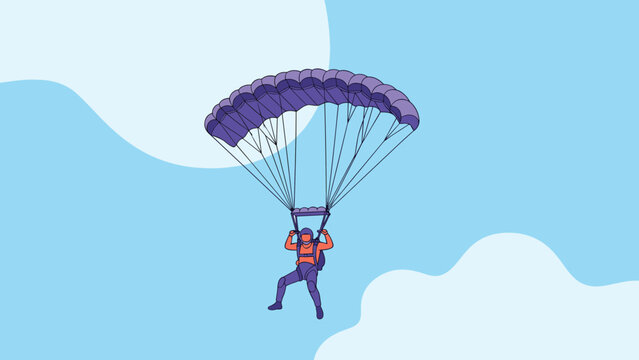 Skydiver falling through a blue sky with white clouds using a purple parachute in a flat vector illustration style.