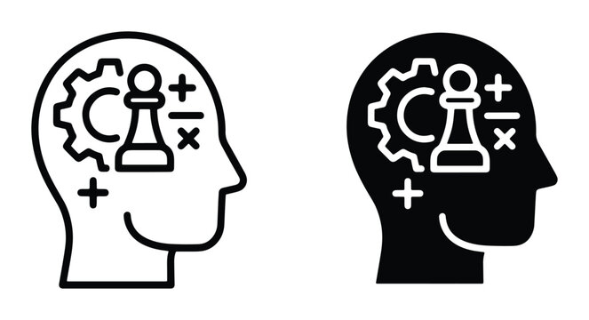 Strategic Thinking Icons, Chess Pawn and Gears in Head Silhouette, Analytical Mindset Vector Graphics, Problem Solving Concepts