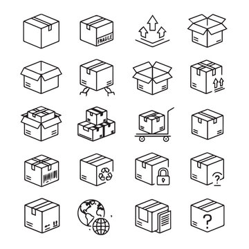 Shipping boxes in a clean line drawing style with icons representing logistics and delivery concepts