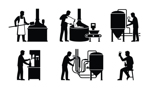 vector brewery operation steps and personnel silhouettes