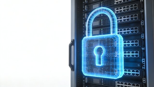 Secure server data protection concept with glowing lock