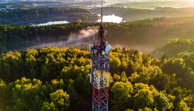 Communication tower above forest.