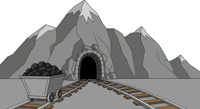 Cartoon illustration of a mine entrance in a mountain with a coal cart on tracks