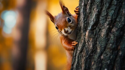 Fototapeta premium Squirrel climbs tree in autumn forest during the day near golden leaves and sunlight filtering through the branches