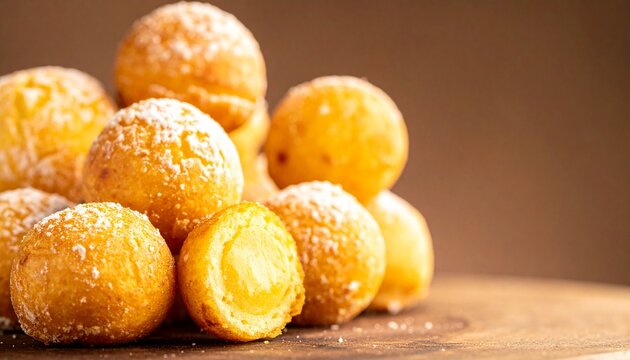Golden fried dough balls. Traditional Brazilian bolinho de chuva snacks sprinkled with sugar or cheese.