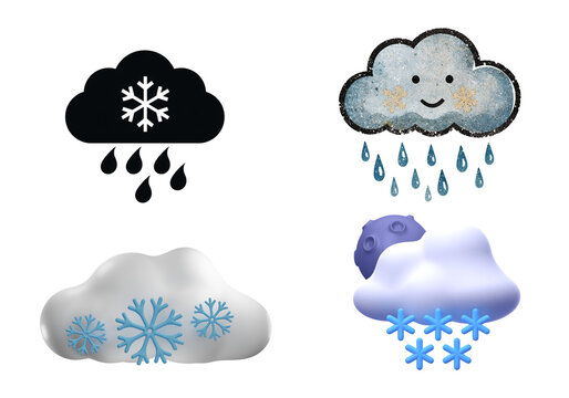 Set of 3D winter weather icons, snow rain cloud symbols collection isolated on transparent background PNG