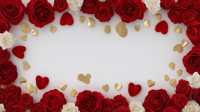 A decorative frame of vibrant red roses and delicate gold heart confetti against a textured black background, creating a luxurious and romantic feel.