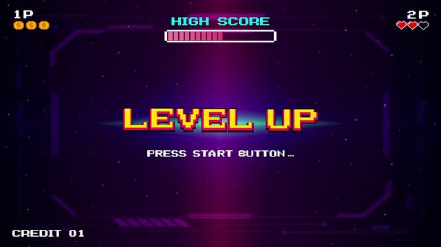 LEVEL UP. pixel art 8 bit. Retro Futurism Sci-Fi Background. glowing neon grid and star from vintage arcade computer games