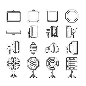 Studio Lighting Equipment Collection with Various Modifiers and Stands