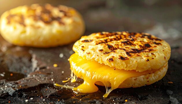 Traditional Corn Arepas. Grilled corn cakes stuffed with thick melting cheese. Authentic Latin American snack for street food themes and culinary menu designs.