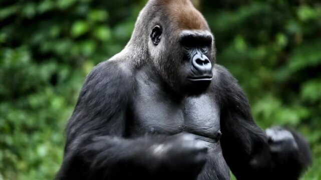 Gorilla displays expressive gestures in vibrant green jungle setting. Captivating animal behavior in natural habitat underscores wildlife education. Concept of zoos, conservation, nature reserves