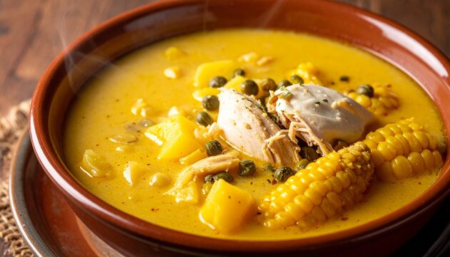 Authentic Chicken Ajiaco. Rich yellow potato soup with shredded chicken and sweet corn. Classic Latin American stew for food magazine layouts and restaurant advertising.