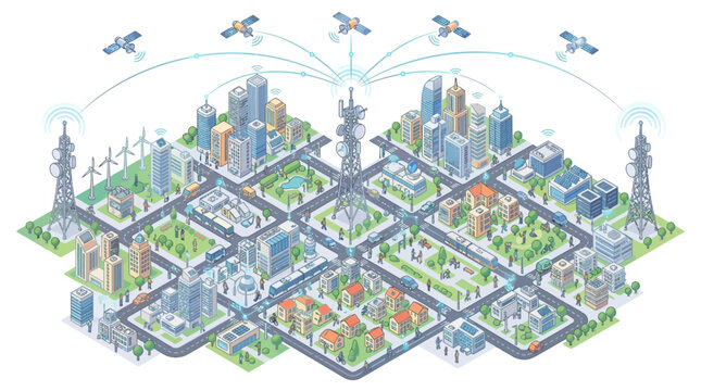 A detailed isometric vector illustration depicts a modern city connected by an internet network and satellites, representing World Telecommunication Day with a clean and informative design