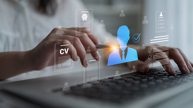 A modern depiction of resume creation with hands typing on a laptop, showcasing digital elements like profiles and CVs, highlighting the job application process. Cyphers
