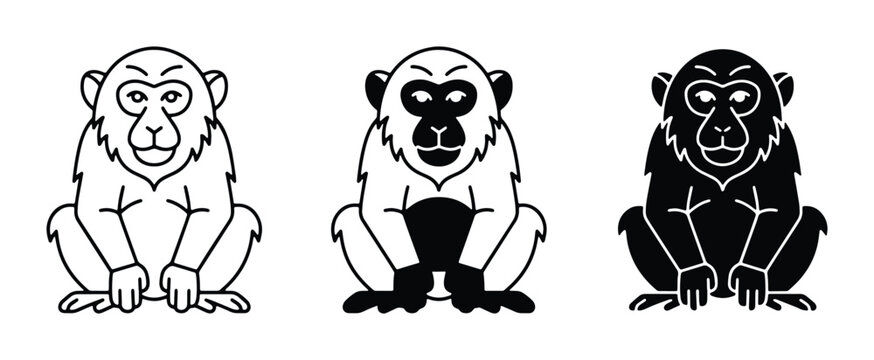 set of three black and white vector monkeys sitting down