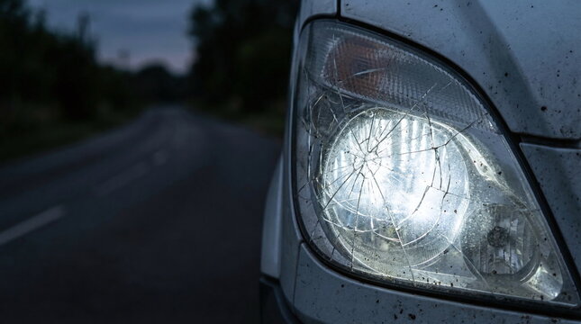 Broken car headlight with cracked glass glowing at night on a dark rural road after an accident