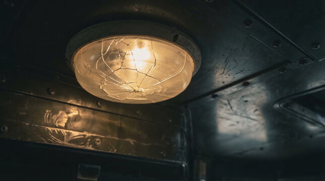 A glowing broken ceiling lamp with cracked glass inside a dark interior of a weathered military vehicle