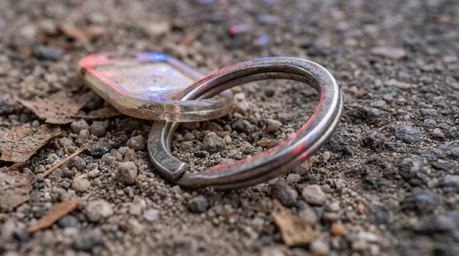 Close-up of a lost metal key ring with a plastic tag lying on a dirty asphalt surface with reflections of red and blue emergency lights