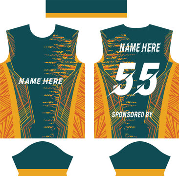 Esports jersey design template with abstract geometric patterns, dark teal and orange sports uniform vector, sublimation apparel mockup for gaming