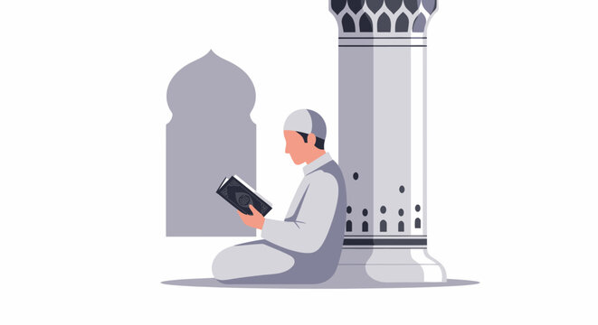 Muslim pilgrim reads Quran during hajj rituals at ancient mosque architecture with minaret and archway in desert landscape.