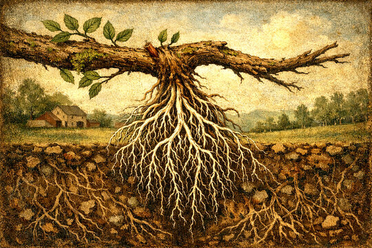 Deep tree roots anchoring a branch above ground in a textured landscape with agriculture landscape underground planting lifespan structure nourishment foundation