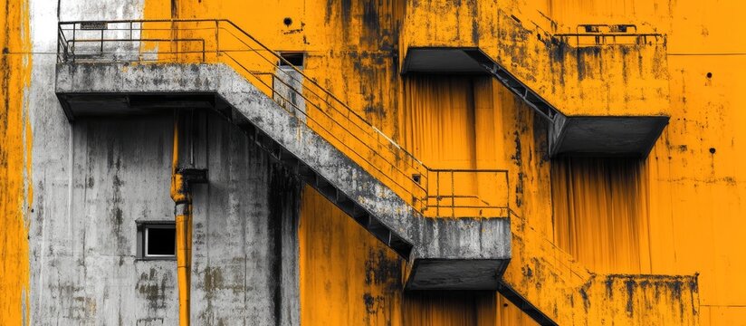 Stark Industrial Staircase Ascends Against Textured Yellow and Gray Concrete Wall