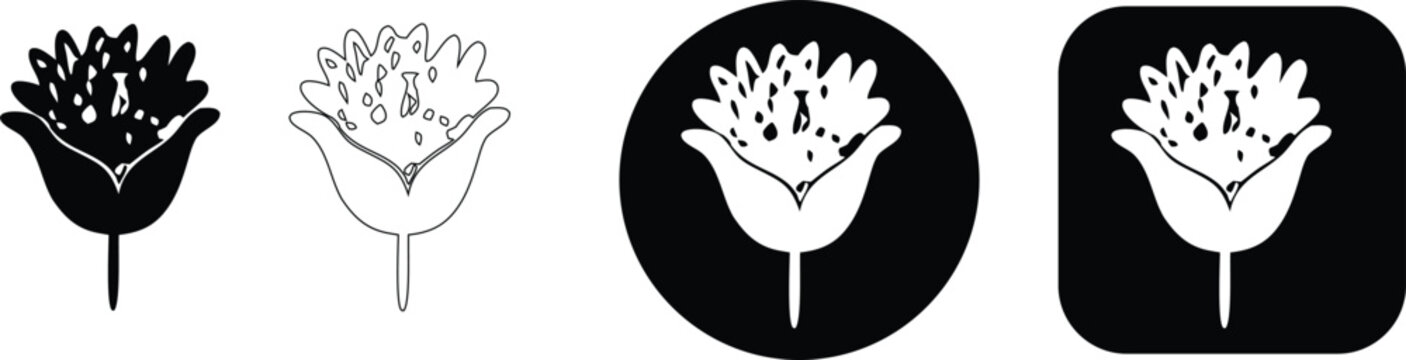 Set of stylized flower in black and white, including solid, outline, circular, and rounded square formats