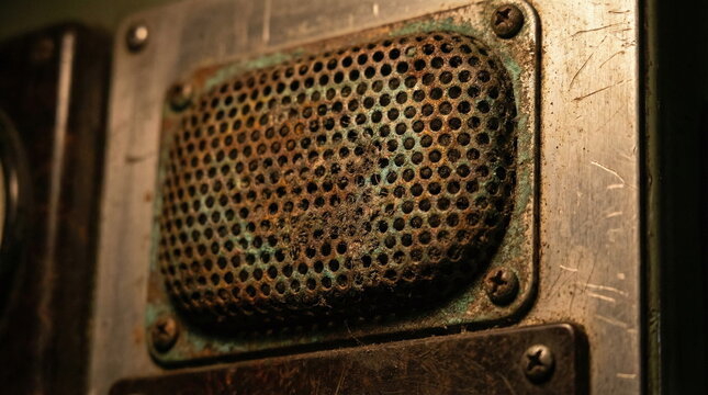 Old dusty intercom speaker on a weathered vintage control panel with rust and corrosion