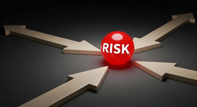 Red sphere with the word risk surrounded by four wooden arrows