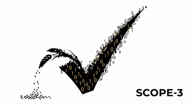 Digital checkmark formed by binary code and abstract elements, representing data verification and success.