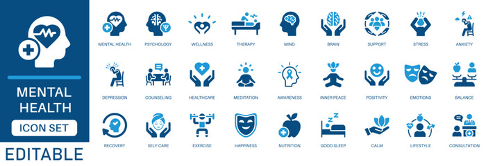 Mental health icon set. featuring wellness, psychology therapy, brain , stress management, meditation, and emotional support in blue flat design.
