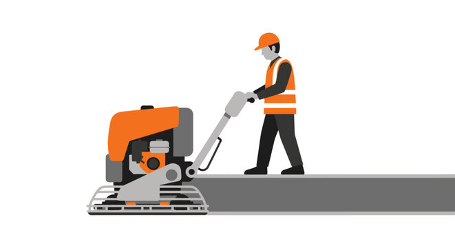 Construction Worker Using Power Trowel Machine to Finish Concrete Surface, Industrial Vector Illustration on White Background