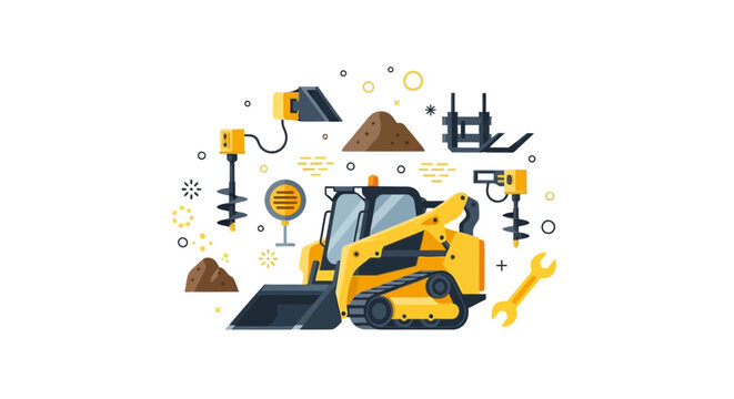 Yellow Skid Steer Loader with Construction Attachments and Equipment Vector Illustration