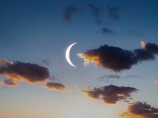 Crescent moon in the sky at sunset. Astronomical landscape with bright Moon above the clouds. Earth's satellite. © Nazarii