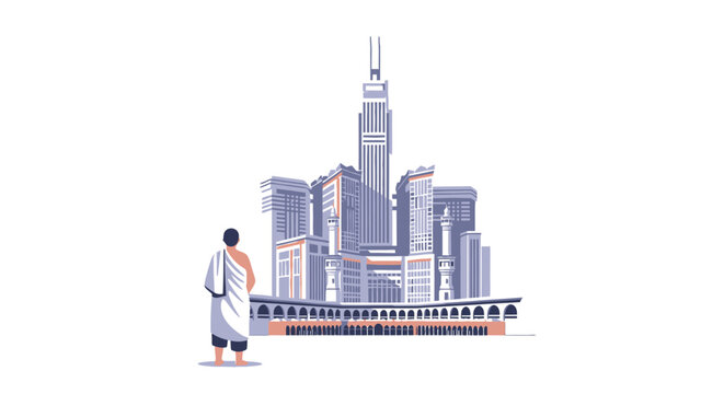 A man in a white robe walks towards a modern cityscape with a tall skyscraper during hajj season with bus.