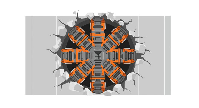 Industrial Tunnel Boring Machine (TBM) Breaking Through a Concrete Wall, Heavy Infrastructure Engineering and Construction Breakthrough Concept Illustration