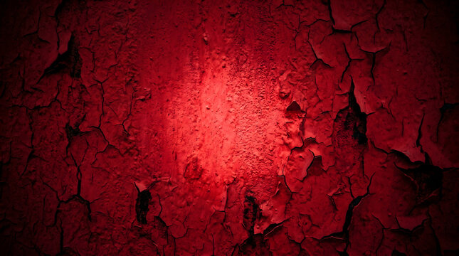 Grungy red texture background, peeling cracked paint on old wall, dramatic dark crimson surface with spotlight effect