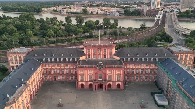 Aerial drone footage of Mannheim and Christuskirche on summer evening, showcasing German architecture. Mannheim, Germany