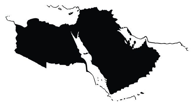 Black silhouette of the middle east region against a white background