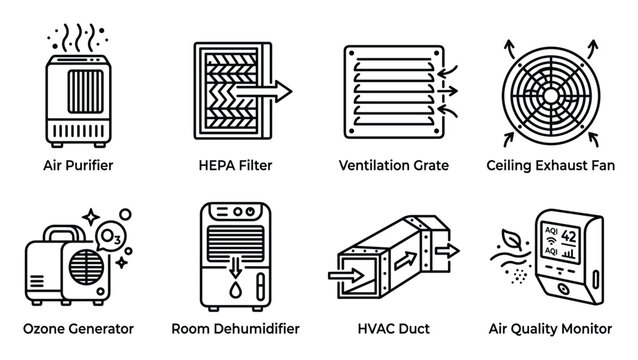 Air purifier HEPA filter ventilation grate ceiling exhaust fan ozone generator room dehumidifier HVAC duct air quality monitor icons.