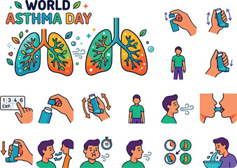 World Asthma Day illustration set showing human lungs and people using medical inhaler medication for breathing relief © SAIF820