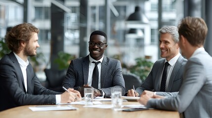 Fototapeta premium A diverse group of businessmen in suits engage in a positive discussion around a table in a modern office environment du the daytime.